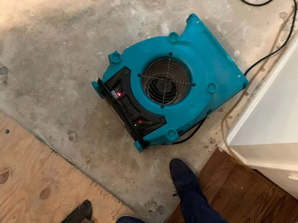 Air mover drying subfloor during Leak Detection & Repair in Lindenwold
